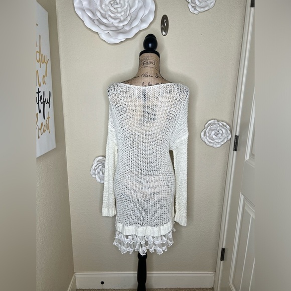 NTM: Entro Open Weave Knit Crochet Layered Lace Cream Tunic Sweater Sz M - Picture 9 of 16